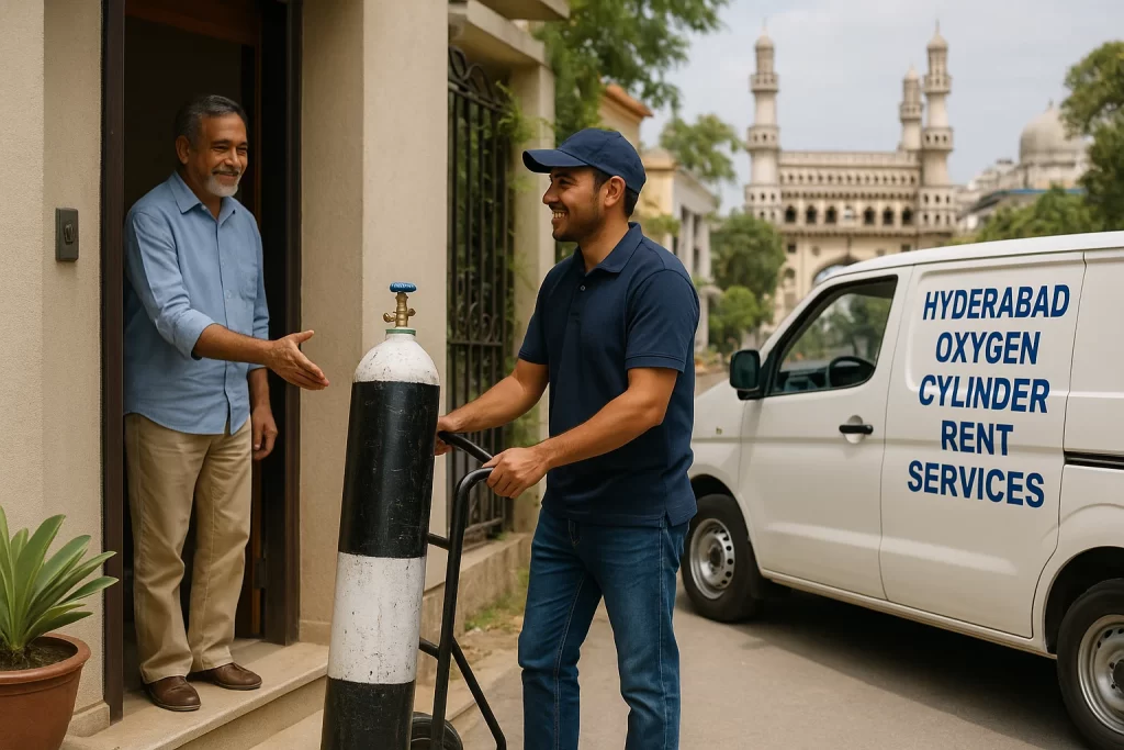 An oxygen distributor delivering oxygen cylinder in Hyderabad